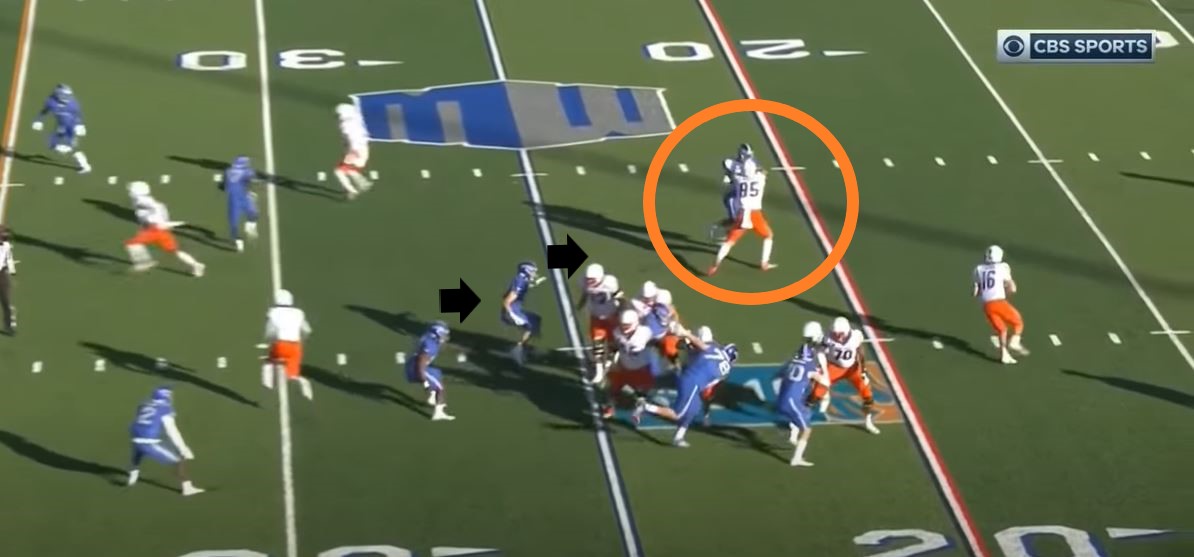 First down or touchdown? #BoiseState QB Jack Sears had his choice on the opening play against  #AirForce.The Falcon LBs suck up on the play-action. Meanwhile TE John Bates (NFL talent) is perfectly cool 1-on-1 against a DE. (1/3)