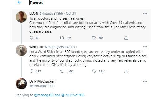 [thread] 1/ Strange digital  #deception going on about UK hospitals trying to create idea covid19 isn't serious or stressing the NHS. It all started when  @Intuitive1966 asked a question about whether hospitals were full. In steps  @madogs93 - who claims to be a 'ward sister'