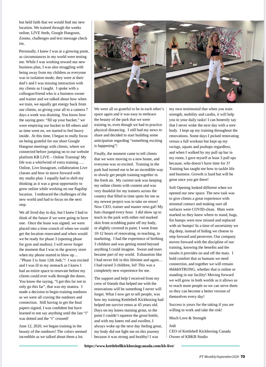 PtMonthly's tweet photo. With a second lockdown looming read Jodi Barrett of @KBKickboxing uplifting story on opening her fitness studio during a pandemic.⁣
⁣
Read the full article here:⁣
https://t.co/9CVXW0wMp7⁣
⁣
#kettlebellkickboxingcanada #fitnessstudio #kettlebellworkout #ptmonthly https://t.co/wWjtt17zgZ