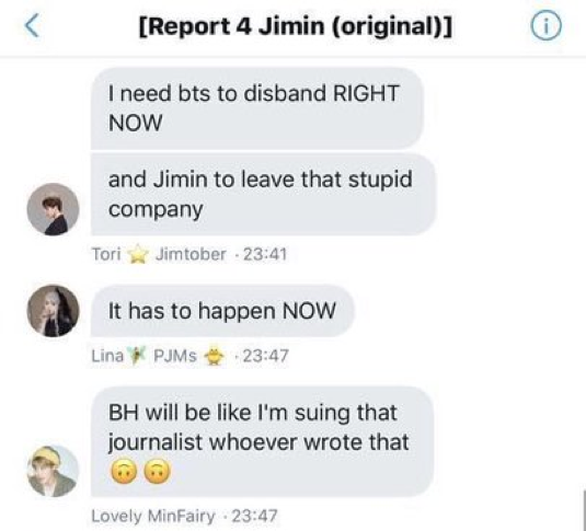 i missed adding this in the thread:vicky always says she wants bts to disband so jm can have a solo career. vicky, lina mentioned bh and bongo are stupid, money hungry, surely not paying taxes. vicky even wants the government or dispatch to take them down. she wants them gone.