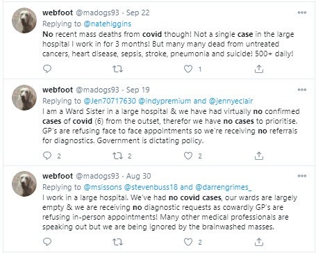 5/ Bizarrely, Madogs, who claims to be a pro Trump psych nurse, has denied there were any covid19 cases in QEUH. On Aug 30th, she said they had NO Covid cases. On Sept 19, they had virtually NO confirmed cases (so presumably some between aug 30 & sept 19). Then on Sep 22 she says