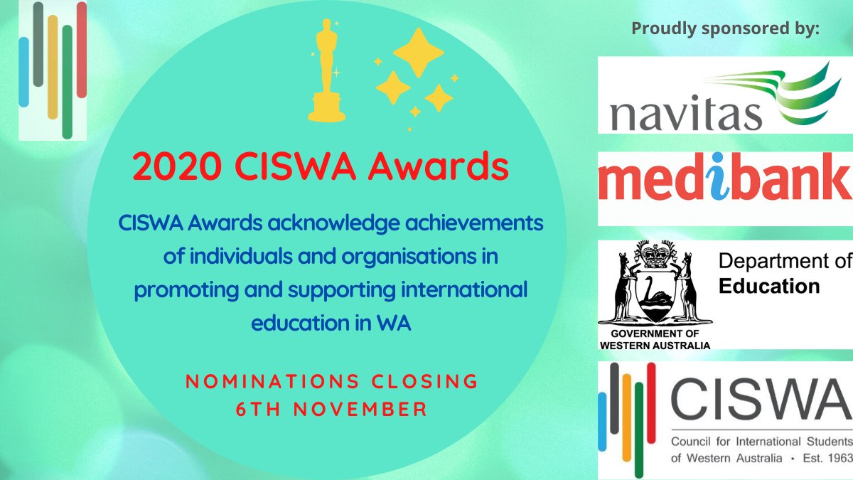 CISWAInfo's tweet photo. CISWA Award Nominations will be closing in 4 days!!!
This week is your last chance to nominate yourself, your student or your team. Be recognised as a leader within international education in Western Australia. APPLY HERE: https://t.co/X6RUdIuq4w
#WesternAustralia https://t.co/HUzKkxRJSH