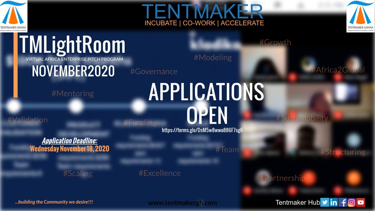 TentmakerGhana's tweet photo. What our community needs, innovation solving global challenges, scalable and centuries relevant.
Apply for the November cohort of the Virtual Africa Pitch Program here: https://t.co/3o1eLAVK2r
Read more here: https://t.co/hdZ4w5Hh9k
#TMLightRoom #Innovation #Entrepreneurship https://t.co/6Sn188F1LO