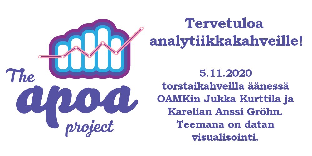 TheApoaProject's tweet photo. Tämän viikon torstain #analytiikkakahvit hörpitään #datanvisualisointi-teeman äärellä. Puheenvuoron saavat @kurttila ja @grohnan. Tutustu webinaarisarjaan APOA:n blogissa: https://t.co/LWYU1iHNWZ https://t.co/vD3OZCLU2E