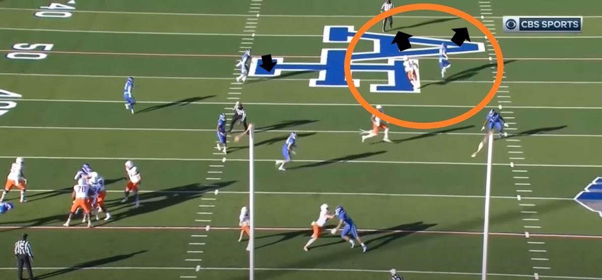 CT already beat one safety. He then stays vertical on the post to stay spaced from the other safety that is looking into the backfield (while CT runs by him).Sears throws a beautiful ball, and the Broncos strike from 75 yards out on the opening play of the game.(3/3)