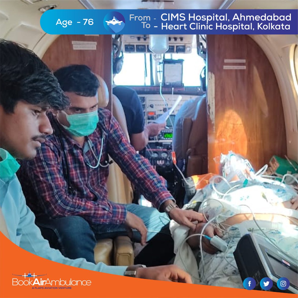 The patient needed urgent treatment at Heart Clinic Hospital Kolkata and had to be airlifted from CIMS Hospital Ahmedabad. Book Air Ambulance quick response team on 19th October airlifted him from Ahmedabad to Kolkata ensured the patient in getting the  best in class treatment.