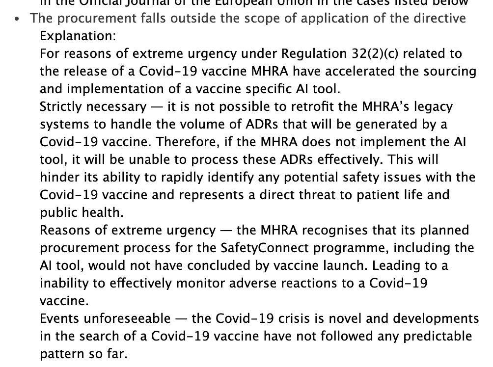 "the MHRA recognises that its planned procurement process for the SafetyConnect programme, including the AI tool, would not have concluded by vaccine launch. Leading to a inability to effectively monitor adverse reactions to a Covid-19 vaccine."