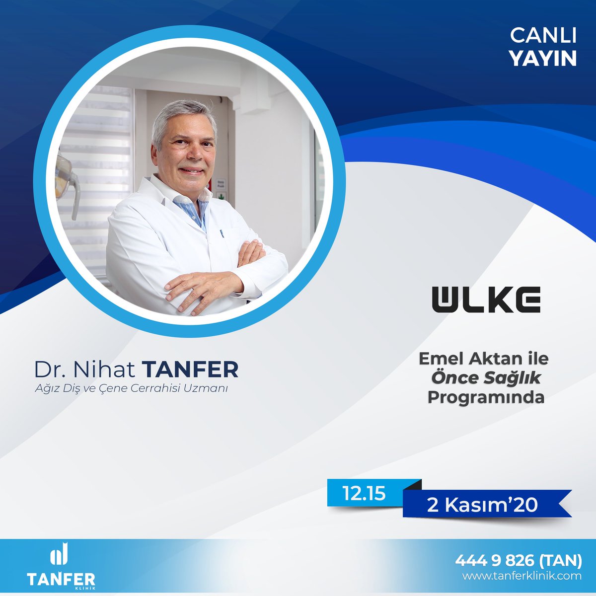 TanferKlinik's tweet photo. Bugün Saat 12:15’te Ülke Tv‘de Emel Aktan ile Önce Sağlık programında Diş Tedavilerindeki Gelişmeler hakkında konuşacağız, Sorularınızı bekliyoruz.😊👇
📞 0(212) 241 44 63
📱 0(554 ) 710 57 00
#tanferklinik #tanferhastanesi #drnihattanfer #emelaktanileöncesağlık #ülketv https://t.co/JyMLzoUwP5