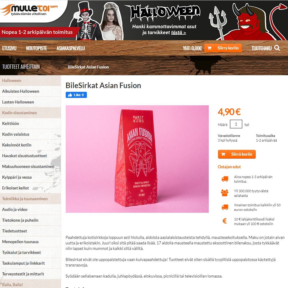 The Finnish webstore mulletoi.com started distributing Party Bugs. Go and check their incredible product range @mulletoi_com .

#partybugs #partybugssnacks #partysnacks #snackinsects #trendyfood #trendyfoods #weirdfood #mulletoi #eatingbugs #edibleinsects