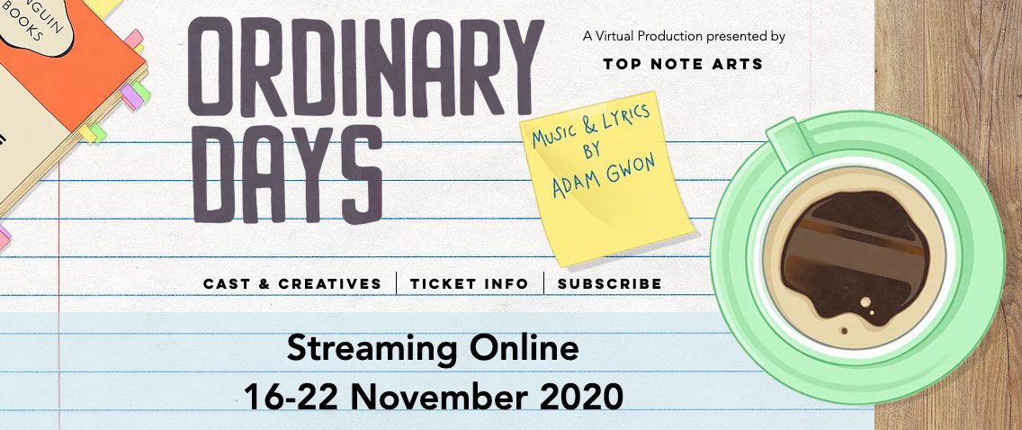New online version of <a href="/AdamGwon/">Adam Gwon</a>'s wonderful musical ORDINARY DAYS to stream from Nov 16-22, reuniting cast and creatives of a production staged in Manchester in 2014 by director <a href="/leahfogo/">Leah Fogo</a>. Details here:  bit.ly/2HRY5xg