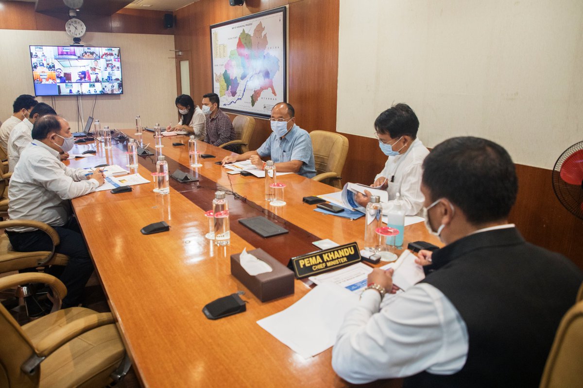 PemaKhanduBJP's tweet photo. A review meeting today with PHED dept today on implementation of #JalJeevanMission in state in presence of PHED Minister Wangki Lowang ji &amp; Advisor to PHED Min Lokam Tassar ji. Efforts underway to complete mission for providing drinking water supply to every rural households. https://t.co/ZsSABewXMs