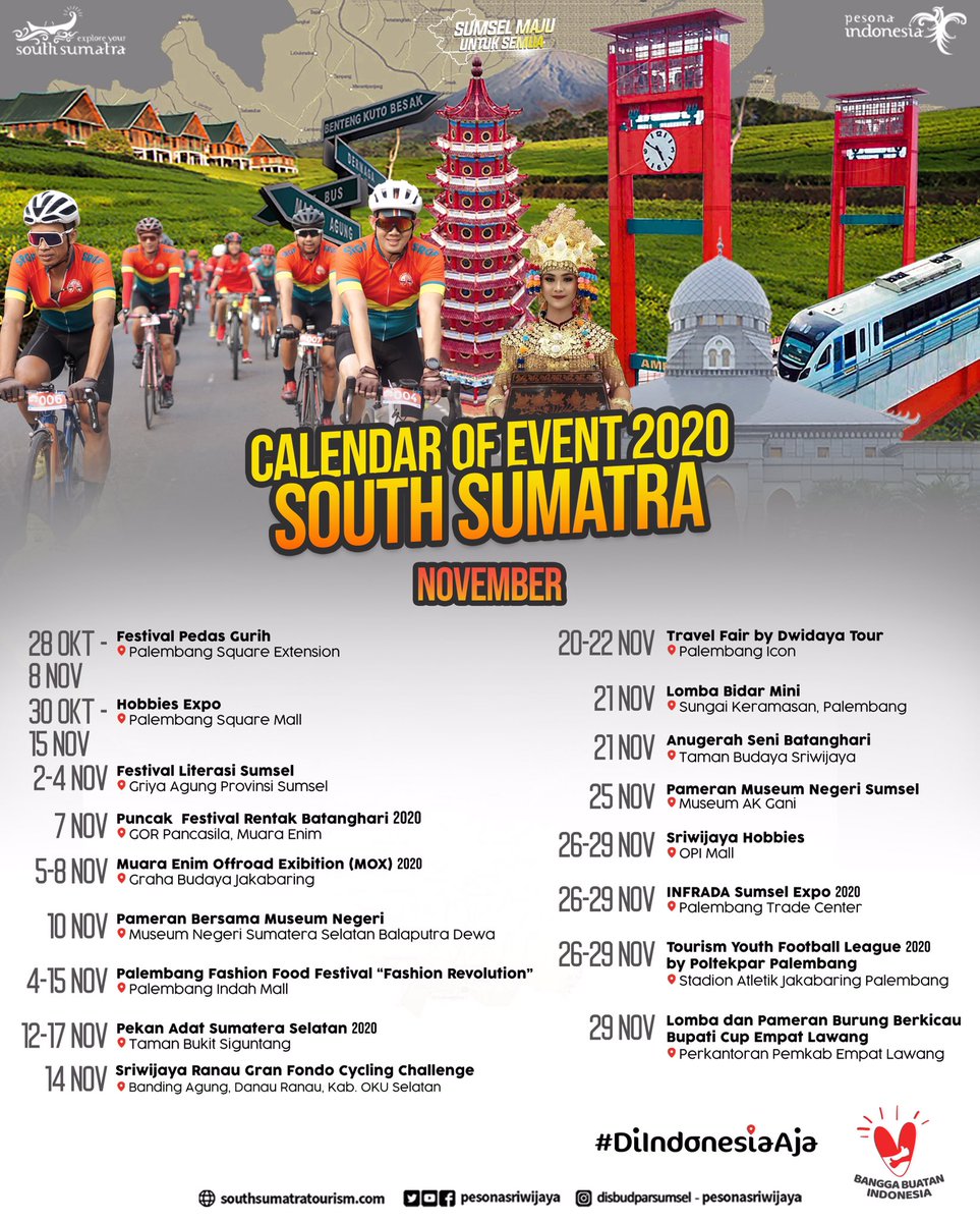 Sobat #PesonaSriwijaya 
Di bulan November 2020 ada banyak event yang diselenggarakan di Sumatera Selatan. Semua kemeriahan tersebut dirangkum dalam Calendar of Event 2020 South Sumatra.