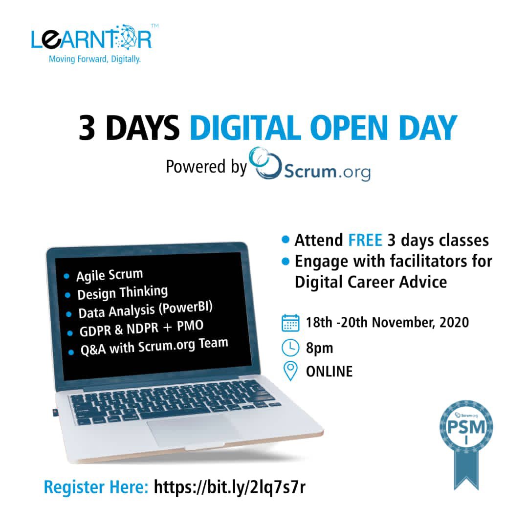🙋🏽‍♀️ Certification is not enough to secure you digital career! 🙅🏽‍♀️ Join Agile Digital Career open day

3 Days Digital Open Day - Agile Scrum - Design Thinking - Data Analysis (PowerBI) - GDPR &amp; NDPR + PMO - November 18th - 20th, 2020, 8pm Online

bit.ly/2Iq7s7r

#Learntor