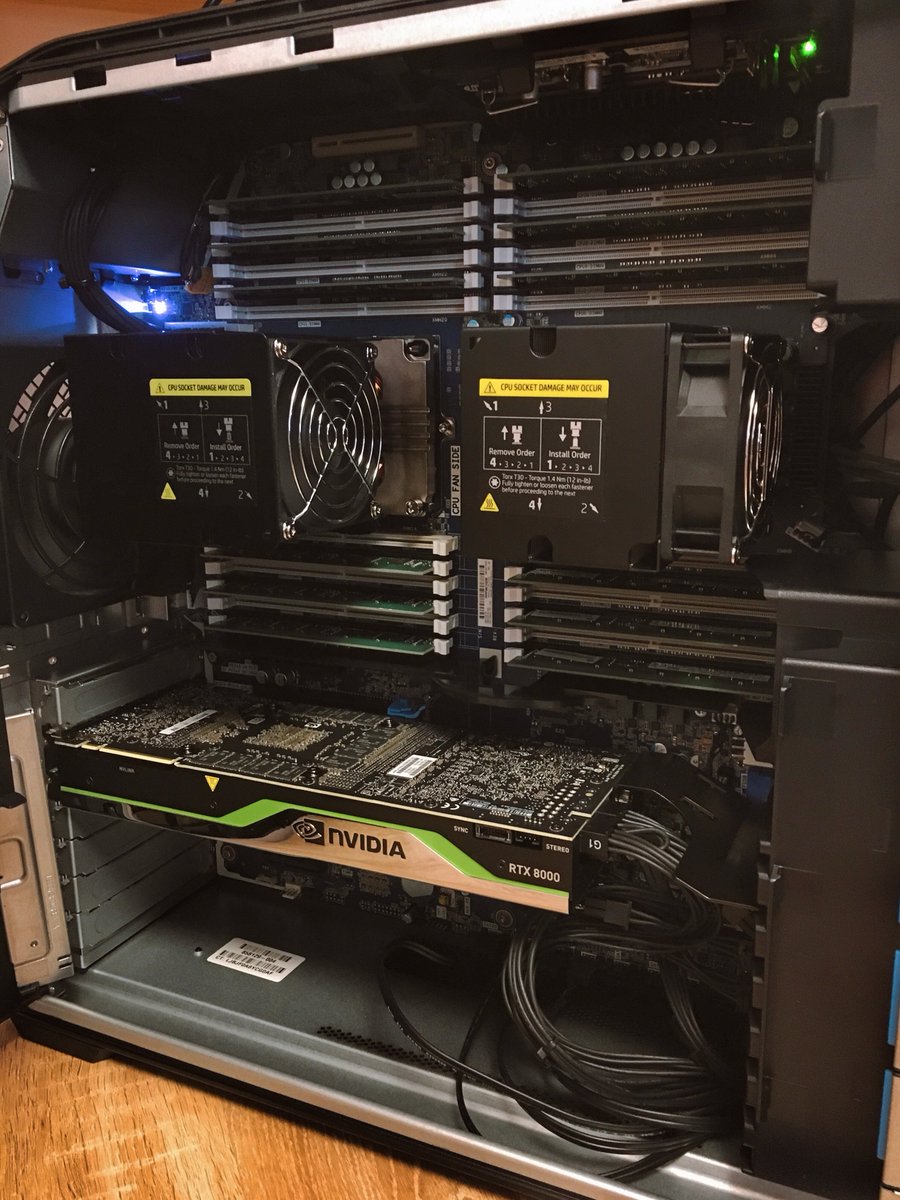 andradavulpee's tweet photo. A beast arrived in the mail, and it's absolutely beautiful
A Z8 G4 Workstation, with:
* NVIDIA QUADRO RTX 8000
* 2 CPUs
* 96 GB of Memory
Thank you @ZbyHP & @NVIDIAAI! I'll pair it with the #rapids software and create some magic✨
#Z8Desktop #NVIDIAQuadro #GPU #machinelearning https://t.co/fUd7zfWHt7