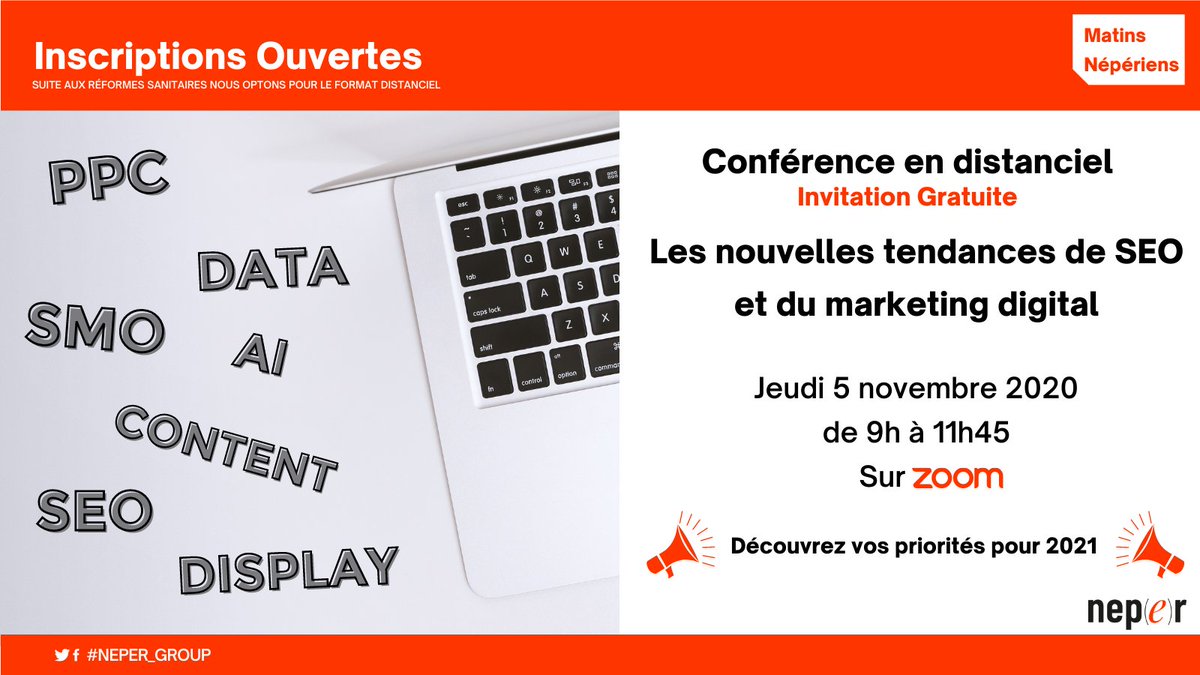 Neper_Group's tweet image. 📢 EVENEMENT 100% DIGITAL
#Neper s’adapte et vous invite à sa matinée Népérienne sous format distanciel. 
Une conférence ciblée sur les nouvelles tendances SEO et du marketing digital.
📅 Jeudi 5 novembre 2020
📍 Sur Zoom 
👉 Lien d’inscription : buff.ly/2IIrXfJ
#SEO