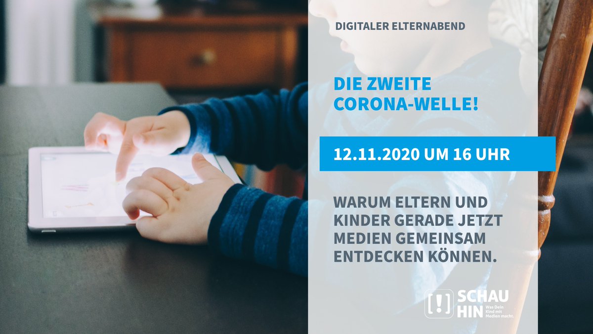SCHAU_HIN's tweet photo. Am 12.11. um 16:00 Uhr sprechen wir in unserem Digitalen Elternabend mit unserem Mediencoach @IrenSchulz77 zum Thema #Corona und wie Eltern und Kinder Medien gerade jetzt gemeinsam entdecken können. 
Jetzt kostenlos anmelden:
https://t.co/wuqmnYVPKZ https://t.co/8mWrho4iFa