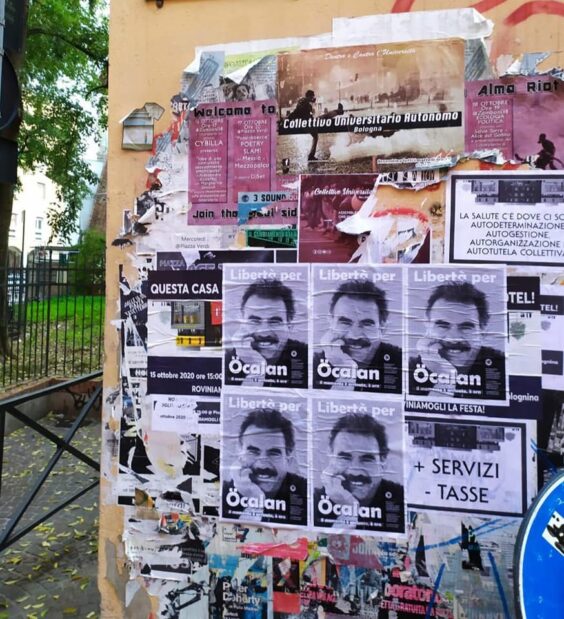 In  #Bologna, Italy, posters for  #FreeÖcalan and banners were hung up on  #WorldKobaneDay The banner says: "With  #Kobanê in the hearts, the revolution continues!"Read more here: https://www.zic.it/muri-che-parlano-con-kobane-nel-cuore/ #FreeThemAll #1NovemberWorldKobaneDay #RiseUpAgainstFascism #RiseUp4Rojava