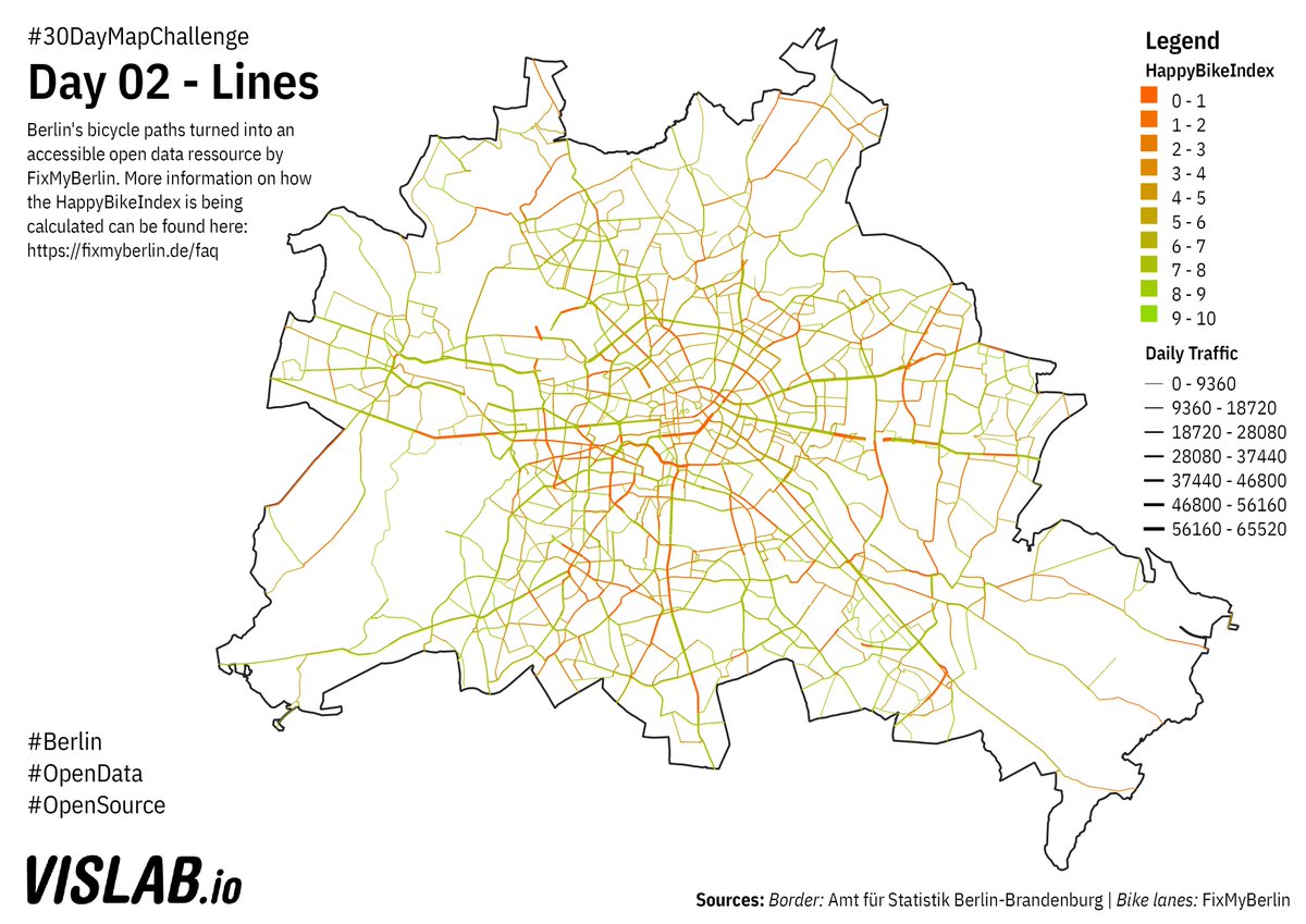 Day 2 of  #30DayMapChallenge : Lines. Bike lanes in Berlin provided by  @FixMyBerlin's API, showing their HappyBikeIndex. To explore the data set more in depth check out:  https://fixmyberlin.de/zustand  Code:  https://github.com/sebastian-meier/ThirtyDayMapChallenge2020/tree/main/maps/02