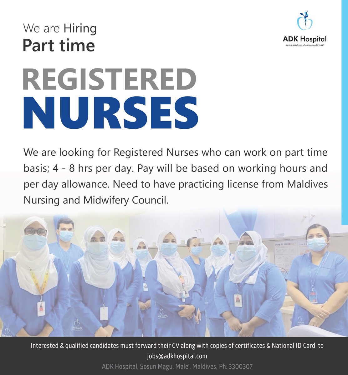 Part-time nurse job opportunities now open. 

Please contact 3300307 for more details.