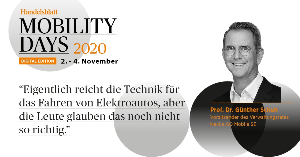 "Eigentlich reicht die Technik für das Fahren von Elektroautos, aber die Leute glauben das noch nicht so richtig."

Prof. Dr. Günther Schuh, Vorsitzender des Verwaltungsrates <a href="/eGO_Mobile_SE/">e.GO Mobile</a>, in seiner Keynote "Warum ist Elektromobilität immer noch nicht Mainstream?" #HBAutogipfel