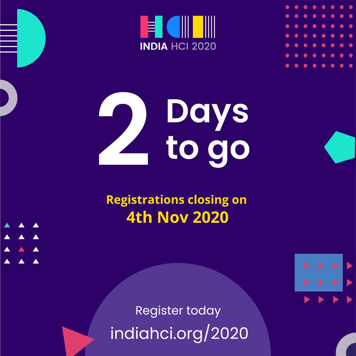 IndiaHCI_'s tweet photo. Only 2 days to go to register for IndiaHCI2020. Don't forget to purchase Workshop and Course tickets!

Link to register: https://t.co/WDfhIdRumB

For general queries, you can mail us at - 
indiahci2020[AT]gmail[DOT]com

#InHCI20 #IndiaHCI #UX #Design #HCI https://t.co/ePtFbP1sEf