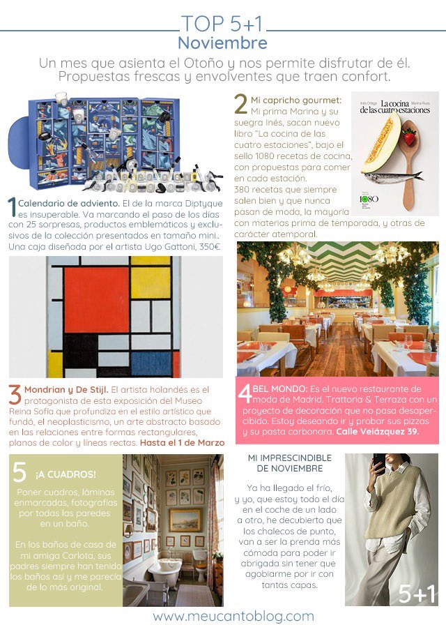 ¡¡¡Hola, hola!!! Ya tenemos aquí a #Noviembre, el penúltimo mes de un año atípico, diferente, raro.

Os dejo el TOP 5+1 con variedad de propuestas gracias y envolventes para intentar disfrutar de él lo máximo posible.

👉 bit.ly/34PsViZ

#otoño #planes #deco #Madrid