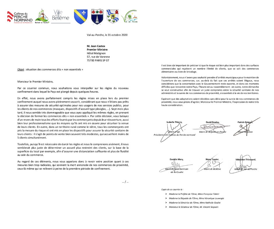 La communauté de communes des Collines du Perche Normand a envoyé un courrier au Premier Ministre <a href="/JeanCASTEX/">Jean Castex</a> pour soutenir nos commerces dits "non essentiels" en milieu rural. N'hésitez pas à relayer cette information dans votre entourage personnel et professionnel.