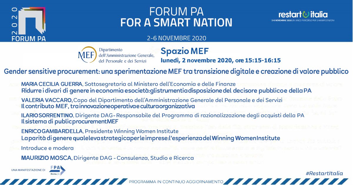 Oggi alle 15.15 parte #SpazioMEF: talk con la Sottosegretaria Maria Cecilia Guerra e la Capo del DAG Valeria Vaccaro del <a href="/MEF_GOV/">MEF</a> su “Gender sensitive procurement: una sperimentazione MEF tra transizione digitale e creazione di valore pubblico”. 

#FORUMPA2020 #RestartItalia