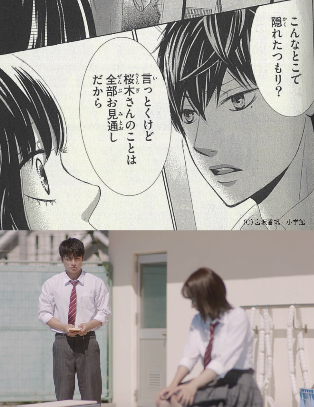 映画 10万分の1 オフィシャル 漫画と映画の名場面検証 4回目は プールサイドで二人きりで話すシーン 屋上での会話から逃げ出した莉乃 莉乃を見つめる視線は完全一致 10万分の1