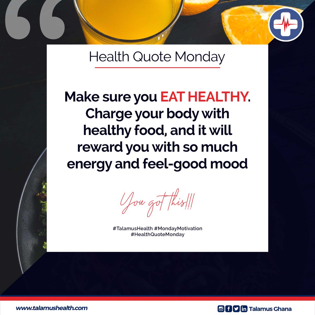 TalamusGhana's tweet photo. #TalamusSays your Monday morning thoughts set the tone for your whole week. See yourself getting stronger, and living a fulfilling, happier &amp; healthier life. 
#TalamusHealth #MondayMotivation #HealthQuoteMonday https://t.co/wds33f87Hp