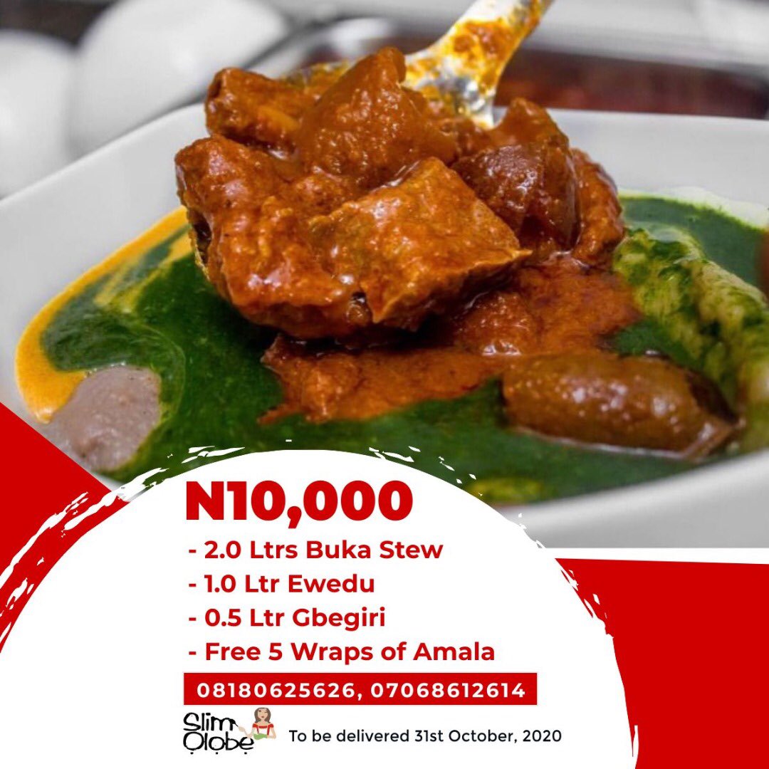Have you heard of  @SlimOlobe ,your favourite online kitchen. Best plug for events catering service. For every recommendation you make, you'll get a special package as well.
