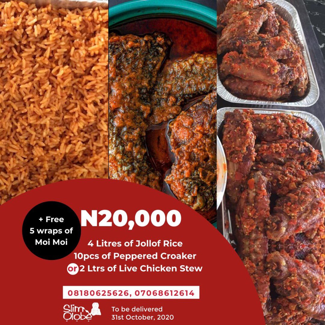 Have you heard of  @SlimOlobe ,your favourite online kitchen. Best plug for events catering service. For every recommendation you make, you'll get a special package as well.