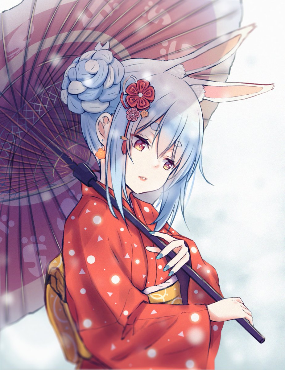 usada pekora 1girl animal ears solo japanese clothes rabbit ears kimono umbrella  illustration images