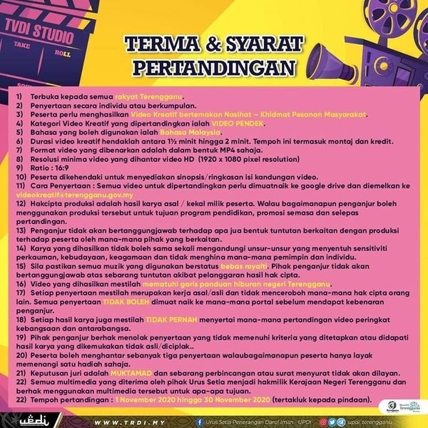 TrgTourism's tweet photo. PERTANDINGAN VIDEO KREATIF 2020 | TVDI STUDIO
📆 1 Nov - 30 Nov 2020
🎥 Bertemakan : 'Nasihat' khidmat pesanan masyarakat.
👨‍👦‍👦Terbuka kpd semua rakyat Terengganu.

Sebarang pertanyaan boleh call : 
Syed Abdul Halim 013-4881641

"JOM PAKAT BUAT VIDEO"
#UPDI #TVDI #VideoKreatif2020 https://t.co/Ia4DBDool0