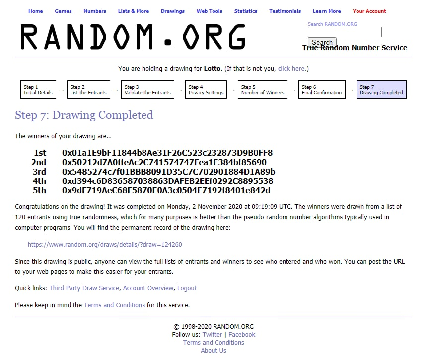 DefiGambling's tweet photo. The giveaway lottery finished.
We have the  winners.

This is the lottery results link, you can check the process and the participants and winners here.
https://t.co/tMcEM1CE1S https://t.co/D3XfuHs8By