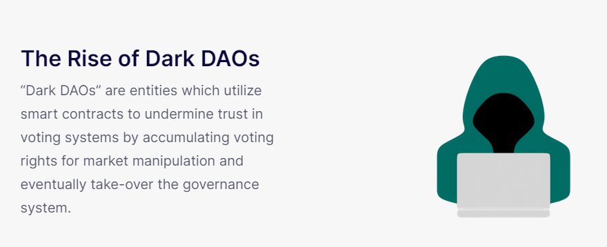Current DAO frameworks have several shortcomings:1. Plutocracies2. The Rise of Dark DAOs3. Exploitable Governance