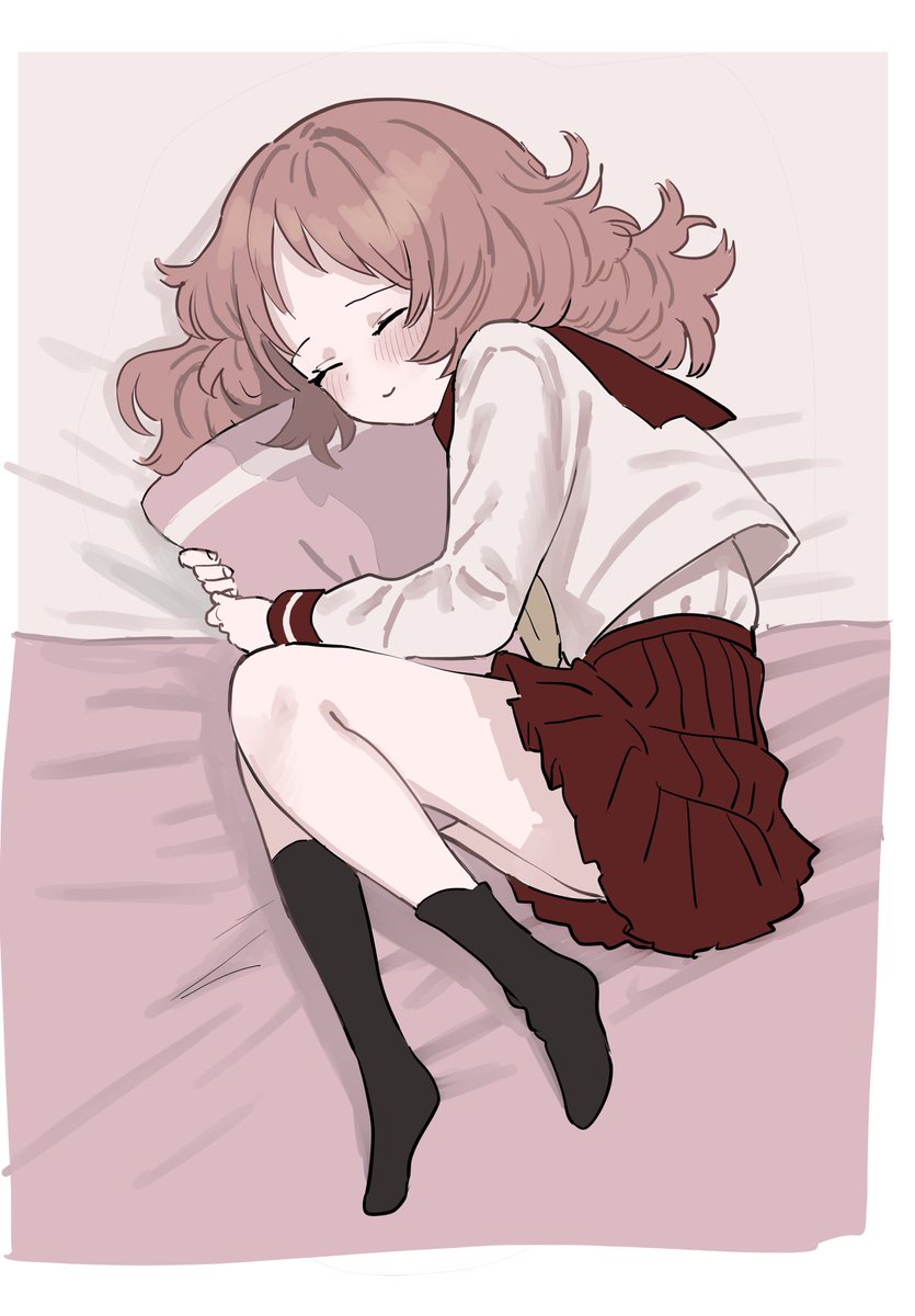 1girl solo skirt school uniform closed eyes socks object hug  illustration images