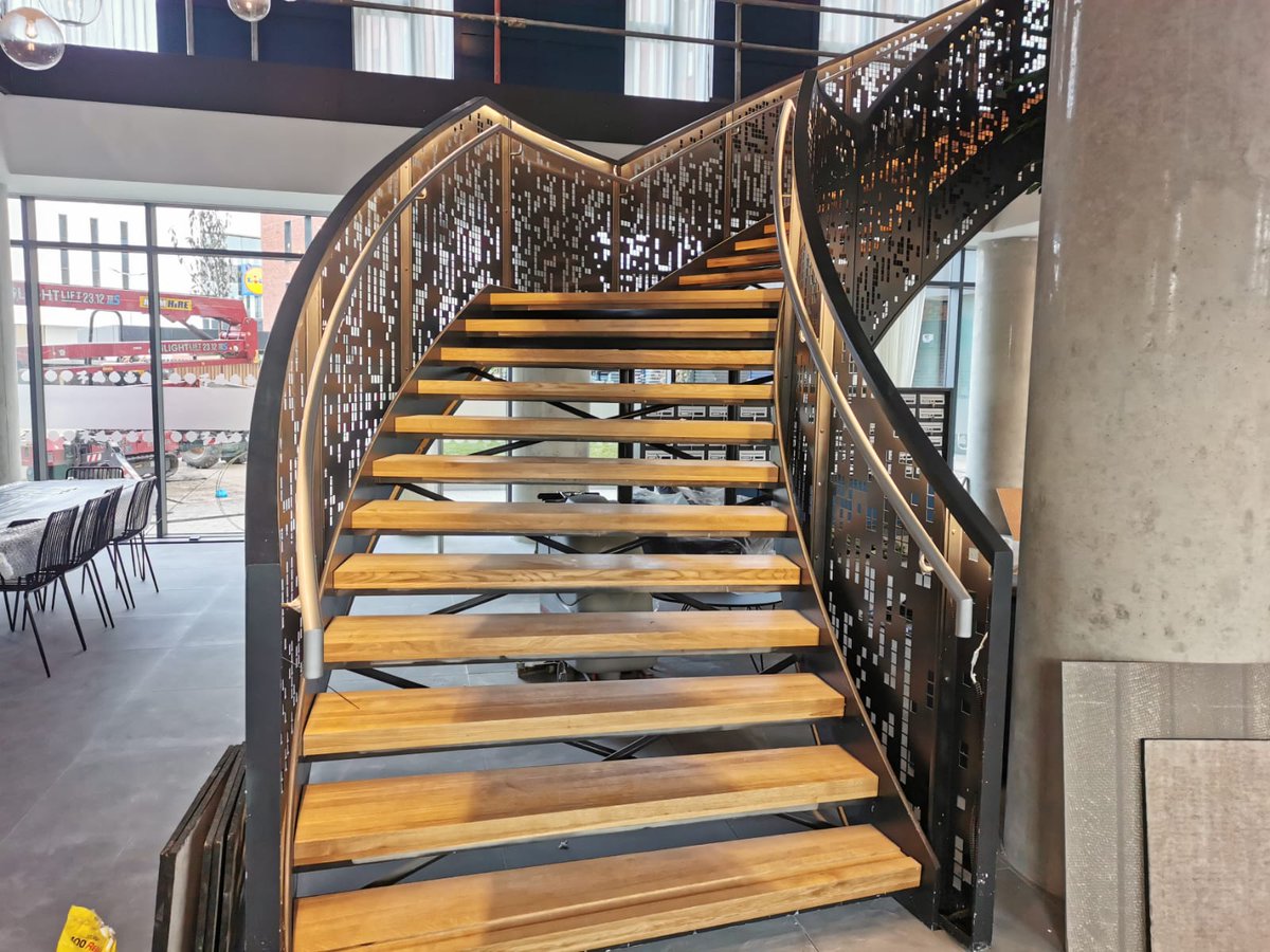 omc_dac's tweet photo. OMC Technologies completed works on a feature staircase in the new Ballymun student accommodation. OMC were responsible for the design, fabrication and installation of the staircase. Features include anodised laser cut panels, timber finishing and stainless-steel handrail. https://t.co/Cbx4slSnXR