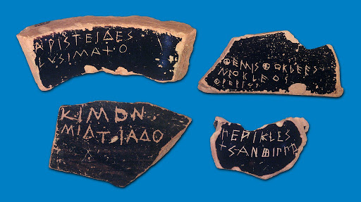 The ostraka (pottery fragments with names of problematic citizens) would be collected & counted by officials. If enough number of votes were cast against one person, they would be banished or 'ostracized' from Athens for 10 years!