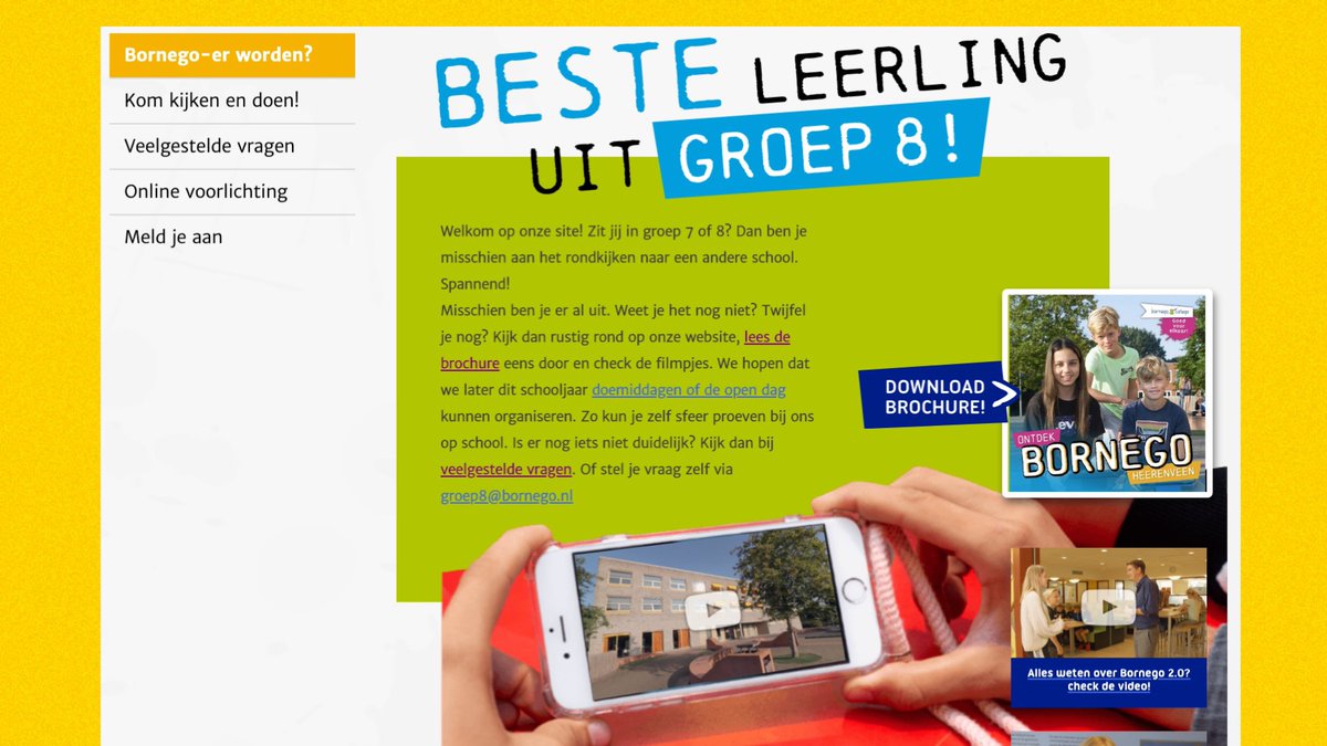 Wist je het al? Wij verplaatsen onze doemiddagen voor groep 8 en op woensdag 11 en donderdag 19 november organiseren we ONLINE ouderavonden. Aanmelden kan via onze website! bornego.nl/groep_8/welkom/. Daar staat ook alle informatie!