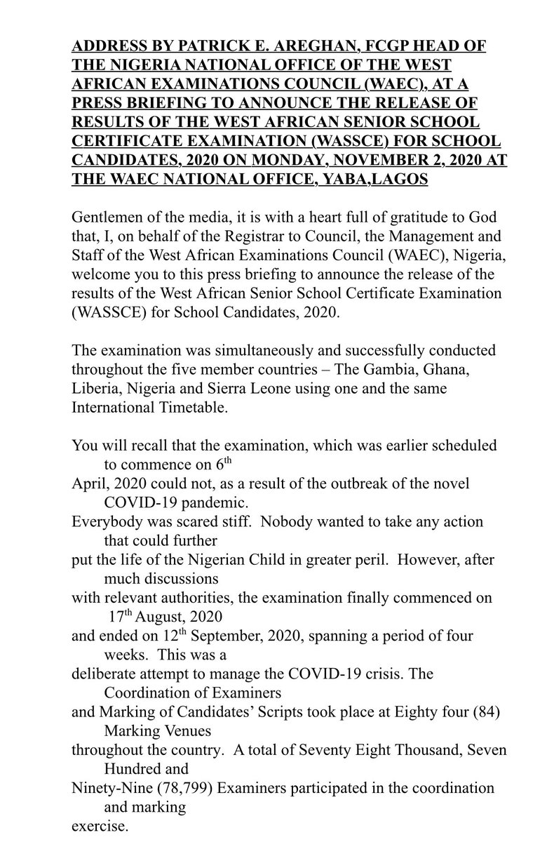 waecnigeria's tweet image. The address by the @waecnigeria Head of National Office, Patrick Areghan, to announce release of results of WASSCE SC, 2020 today at the WAEC National Office, Lagos.