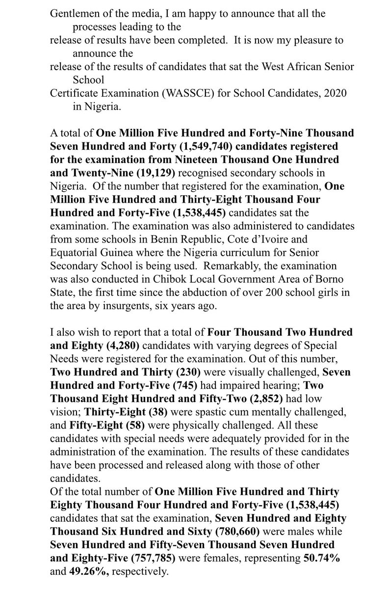 waecnigeria's tweet image. The address by the @waecnigeria Head of National Office, Patrick Areghan, to announce release of results of WASSCE SC, 2020 today at the WAEC National Office, Lagos.