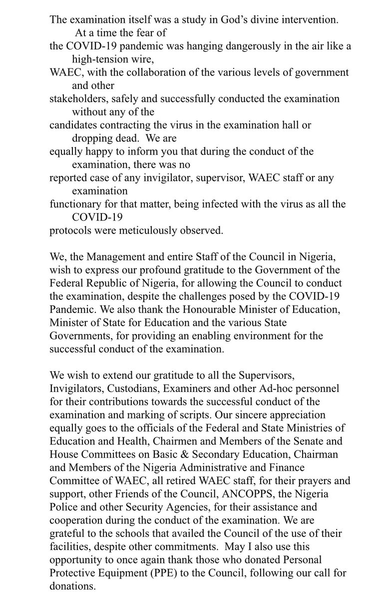 waecnigeria's tweet image. The address by the @waecnigeria Head of National Office, Patrick Areghan, to announce release of results of WASSCE SC, 2020 today at the WAEC National Office, Lagos.