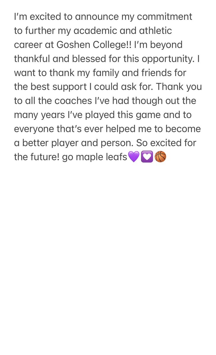 emme_boots's tweet photo. Happy to announce my commitment to continue my academic and athletic career at Goshen College💜🏀@GCMapleLeafs_WB https://t.co/rKkX0EQVMb