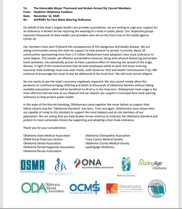 NEW: 9 Oklahoma Medical organizations urge Broken Arrow city leaders to pass a mask mandate amidst surging cases, hospitalizations and critical bed capacity statewide. #Oklahoma  #COVID19