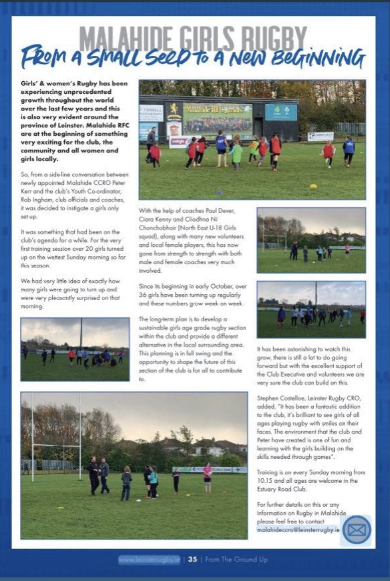 Brilliant article tonight in the @leinsterrugby virtual program! Brilliant too see the work going on in @malahiderfc keep up the great work! @20x20_ie
