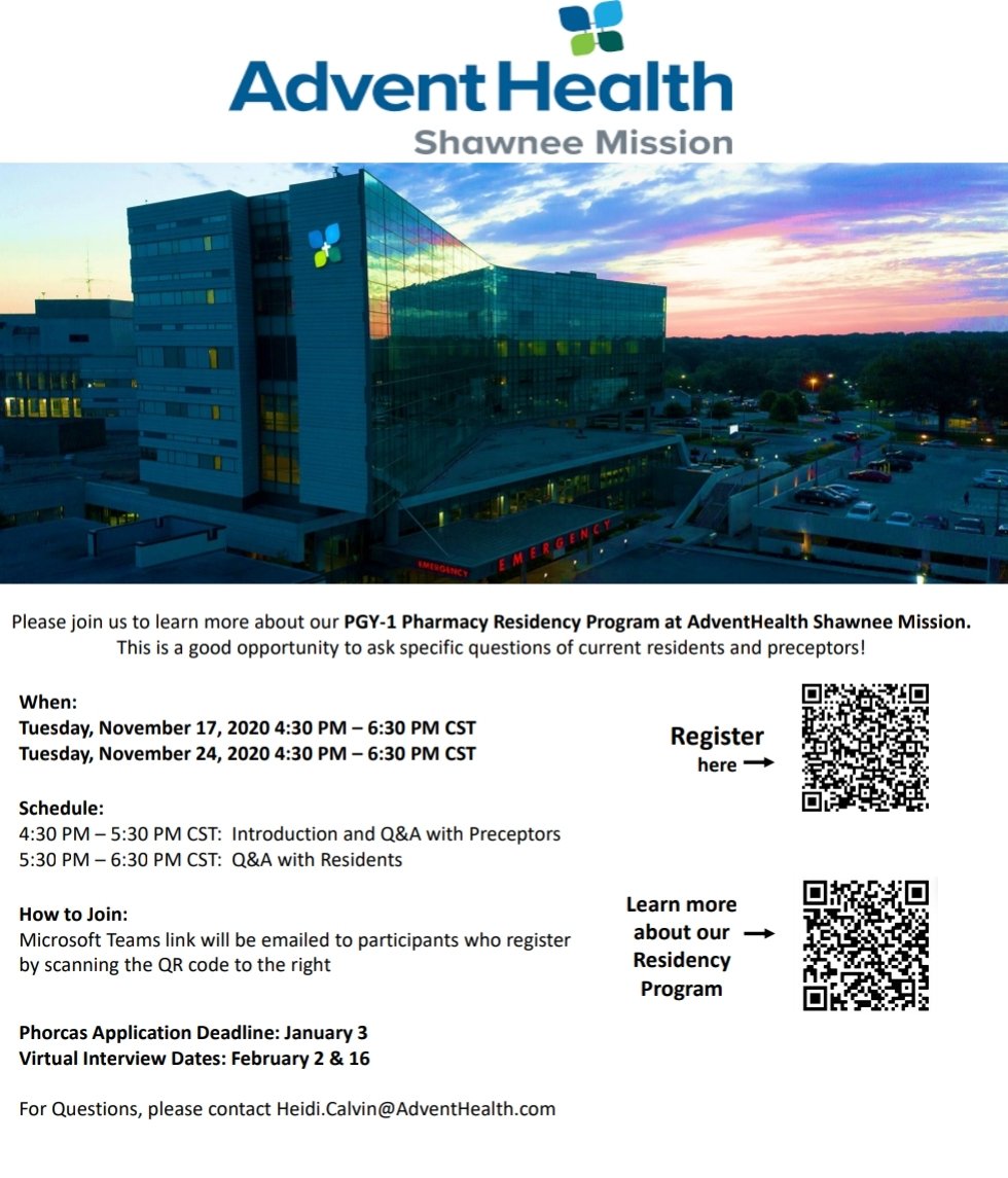 tckremmin's tweet photo. Connect with us at a virtual open house to learn more about our PGY1 program at AdventHealth Shawnee Mission! Our team is eager to meet you &amp; answer questions. Come join us!  @ACCP @ASHPOfficial @GKCSHP @mshpmembership @kchponline @KUPharmacy @UMKCpharmacy #TwitteRx https://t.co/V6D5O7mkLy