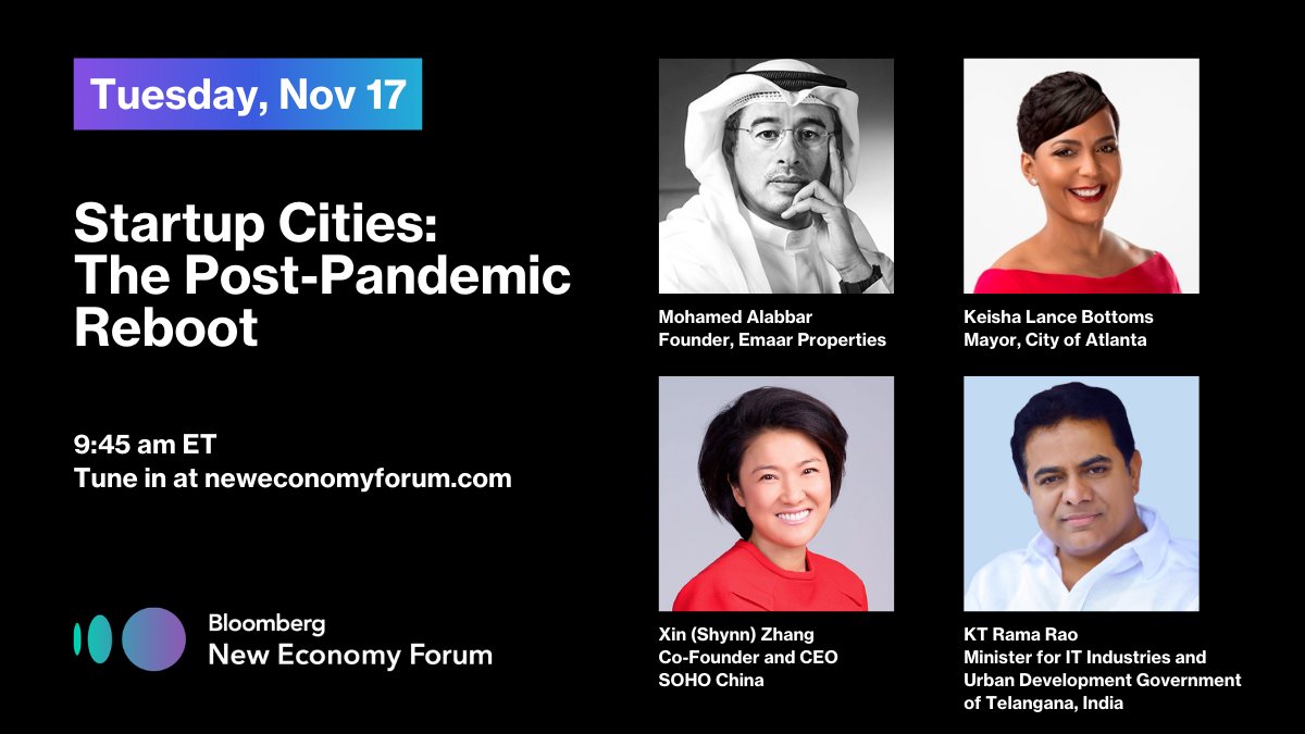 BBGNewEconomy's tweet photo. What does the future look like for office culture and urban life? Tune in on Tuesday to hear from @mohamed_alabbar, @KeishaBottoms, @KTRTRS, @zhangxinsoho on the post-pandemic re-boot #OurNewEconomy https://t.co/cuzq0mmdf9 https://t.co/J9GmTyv1K9