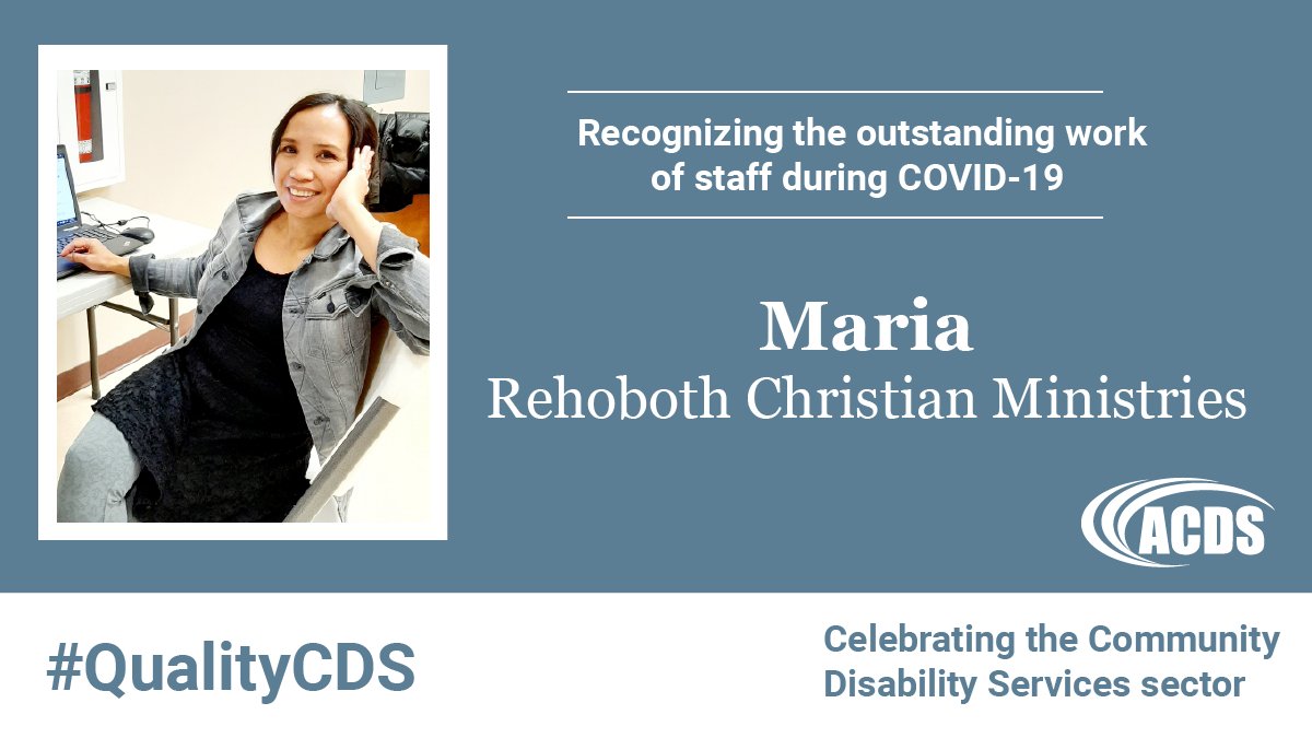 ACDS_online's tweet photo. ACDS is recognizing staff from the Community Disability Services sector for outstanding work during COVID-19.

Thank you Maria from @RehobothAlberta for your amazing work! Read this story, and others here:
https://t.co/0moqDQRpFo #QualityCDS https://t.co/UlDEoDypfx