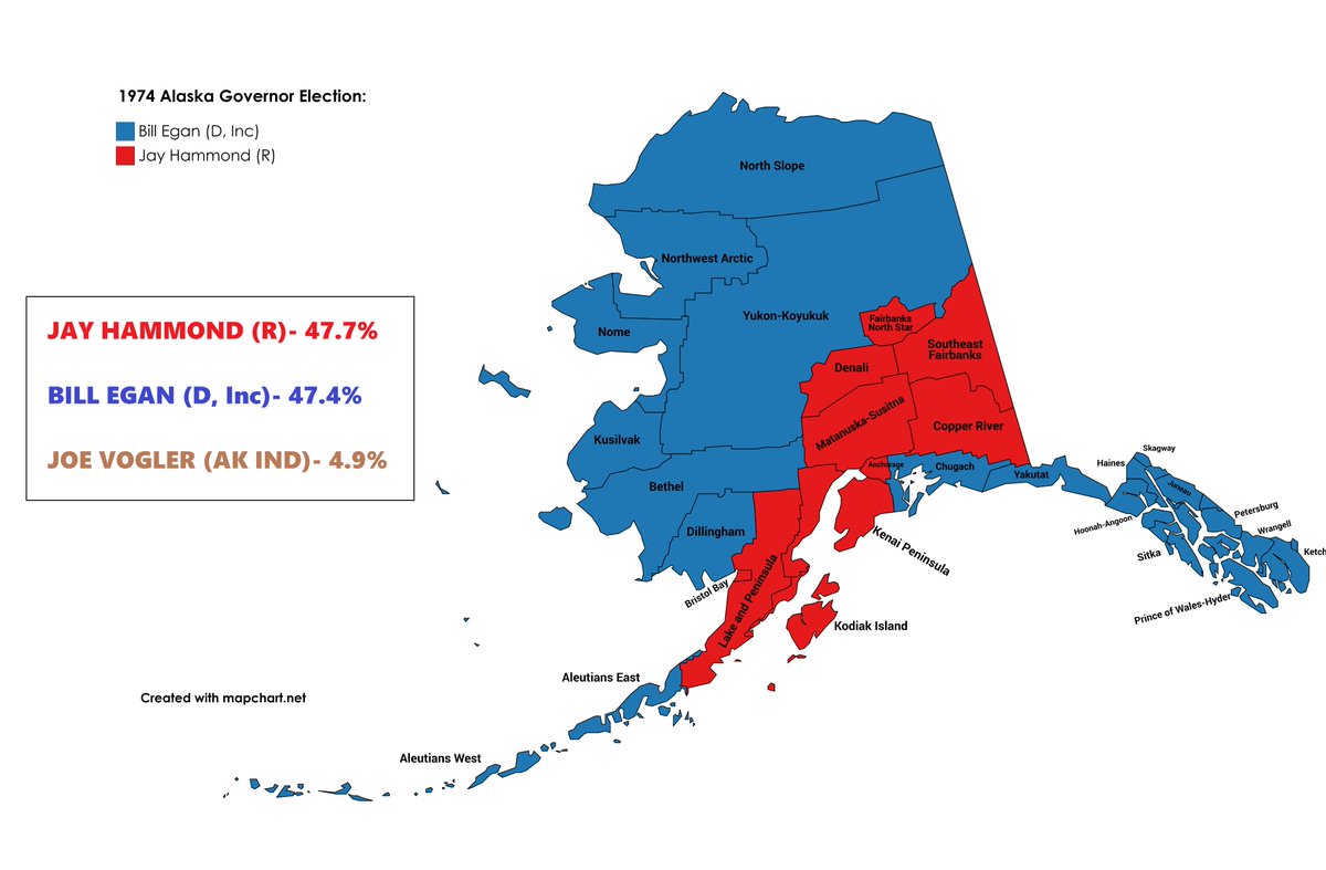 We start off in Alaska, the state that hates to provide county-level data. So this was kind of piecemealed together by looking at State House district results from the time. Anyway, longtime Democratic Governor Bill Egan lost to Jay Hammond by 0.3% here.